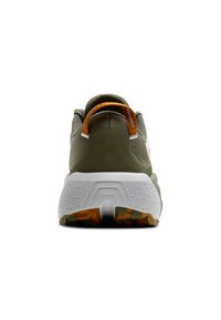 Sport sneaker with a gray mesh upper, white midsole, and multicolored rubber outsole. Features a textured heel and orange pull loop.