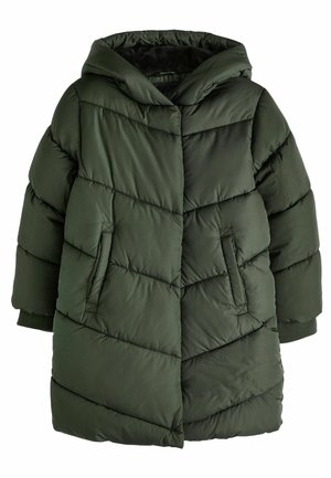 Vihreä puhallettava takki, jossa on huppu, tikattu muotoilu, etutaskut ja elastiset hihansuut. Valmistettu sileästä, eristetyistä materiaaleista.