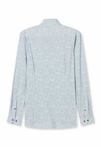 Hellblaues langärmliges Hemd mit Paisley-Muster, Knopfmanschetten und Kragen. Hergestellt aus weichem Stoff mit glatter Textur.