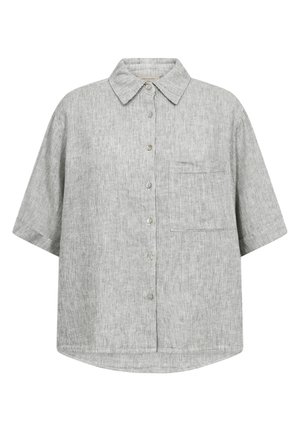 Lichtgrijs overhemd met korte mouwen en knopen, voorzien van subtiele verticale strepen en een borstzak aan de linkerkant, met een klassieke kraag en een losse pasvorm.