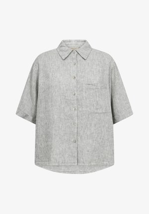 Lichtgrijs overhemd met korte mouwen en knopen, voorzien van subtiele verticale strepen en een borstzak aan de linkerkant, met een klassieke kraag en een losse pasvorm.