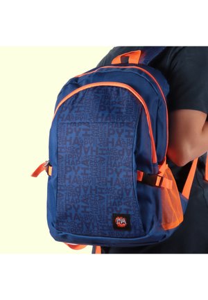 Navy backpack with orange accents, featuring a textured pattern of the word "HAPPY." Includes mesh side pockets and a front zippered compartment.