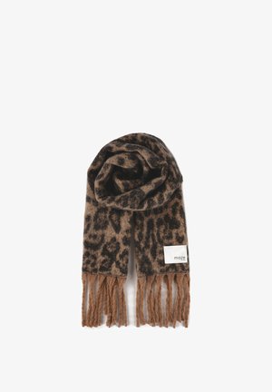 Leopardmuster-Schal in Braun und Beige, aus weichem Material, mit Fransenenden und einem Etikett mit „maze“-Markenlogo.