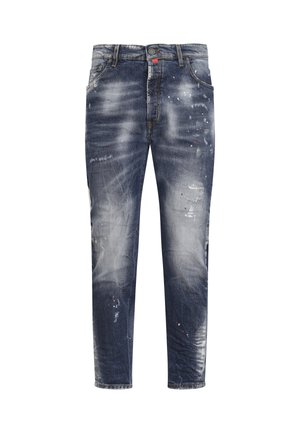 Slidte denimjeans i mørkeblå med let falming, malersprøjt-detaljer, fem lommer og knaplukning i taljen.