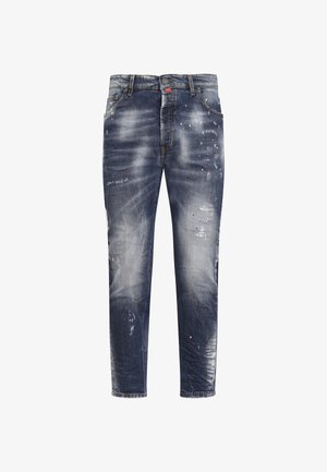 Slidte denimjeans i mørkeblå med let falming, malersprøjt-detaljer, fem lommer og knaplukning i taljen.