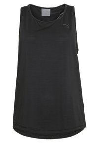 Czarny, bezrękawnik sportowy wykonany z teksturowanej tkaniny, z okrągłym dekoltem i małym logo po lewej stronie klatki piersiowej.