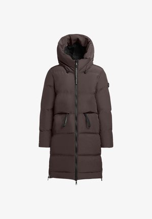 Brun puffjacka med huva, dragkedja, två framfickor och justerbara snoddar. Texturerat, lätt material, medellång design.