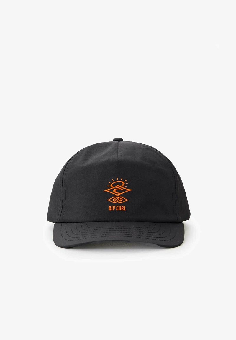 Black baseball cap with a curved brim. Features orange embroidered logo and text "RIP CURL" on the front. Made of fabric.