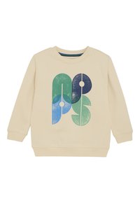Beige Langarm-Sweatshirt mit Rundhalsausschnitt und einem großen abstrakten, grünen und blauen Blattmuster auf der Vorderseite.