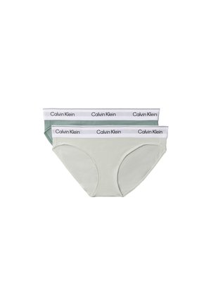 Deux paires de culottes bikini pour femmes Calvin Klein en vert clair et beige avec des ceintures blanches affichant le nom de la marque.