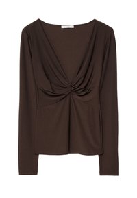 Braunes Langarmoberteil mit tiefem V-Ausschnitt und Twist-Detail an der Vorderseite. Hergestellt aus einem weichen, elastischen Stoff mit eng anliegenden Ärmeln.