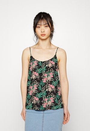 Camisola preta de flores com padrões de flores rosa e verde, alças finas ajustáveis e um corte solto. Tecido suave com uma textura leve.