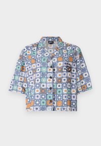Short-sleeve button-up shirt with a floral pattern in blue, orange, green, and white. Made from lightweight fabric, features a camp collar.