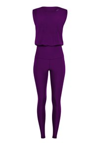 Purple activewear set including a sleeveless top and fitted leggings, made of smooth fabric with a close-fitting design and seamless edges.