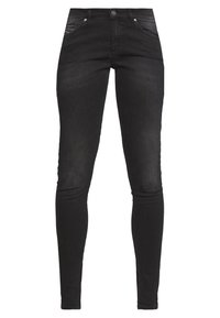 Jeans skinny negros de denim; presentan un diseño de cinco bolsillos, cierre frontal con botón y un desgaste mínimo para un aspecto elegante y uniforme.
