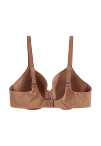 Bra marrone con tessuto morbido, spalline regolabili e chiusura con gancio e occhiello sul retro. Texture liscia senza motivi visibili o dettagli hardware.
