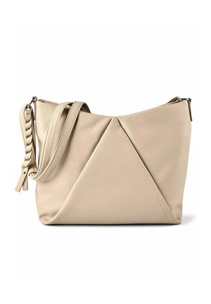 Beige leather handbag with geometric fold design, braided strap detail, and adjustable shoulder strap on a white background.