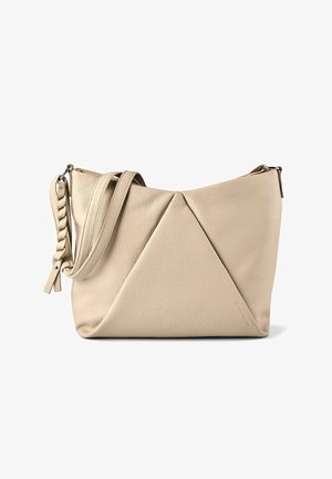 Beige leather handbag with geometric fold design, braided strap detail, and adjustable shoulder strap on a white background.