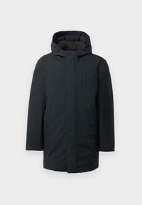 Čierny zateplený parka s kapucňou, s predným zipsom, bočnými vreckami a hladkým vonkajším povrchom. Minimalistický dizajn.