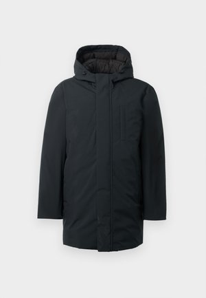 Zwarte geïsoleerde parka met capuchon, voorzien van een voorritssluiting, zijzakken en een gladde buitenkant. Minimalistisch ontwerp.