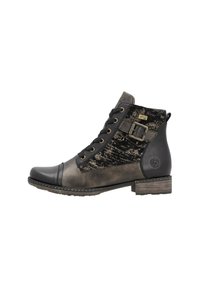 Bottine avec un mélange de cuir noir et de tissu noir texturé. Présente un design à lacets, des accents métalliques et un petit talon carré.