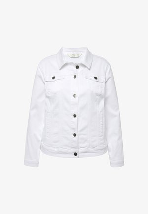 Witte denimjas met een klassieke kraag, metalen knoopsluiting aan de voorkant, twee borstzakken en zijzakken, met een soepele textuur en een getailleerde pasvorm.