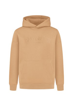 Beige hættebluse med en frontlomme, prydet med det præget "SMILODON" logo. Fremstillet af blødt, tekstureret materiale med ribbede manchetter.