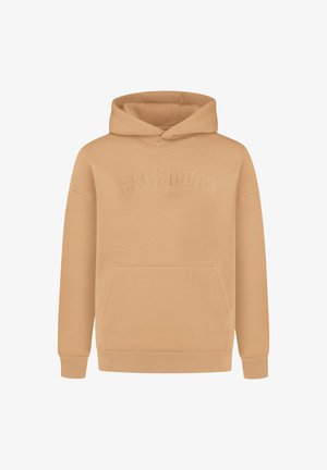 Beige hættebluse med en frontlomme, prydet med det præget "SMILODON" logo. Fremstillet af blødt, tekstureret materiale med ribbede manchetter.