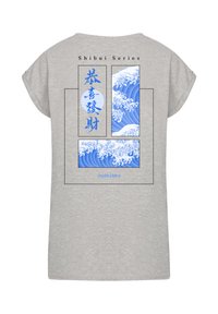 Gray short-sleeved t-shirt featuring blue wave graphics and Japanese text on the back, in a modern, relaxed fit design.