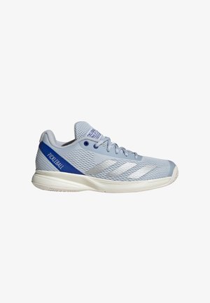 Light blue mesh athletic shoe with white sole, silver stripes on side, blue heel accent labeled "PICKLEBALL," and laced closure.