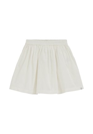 Jupe blanche froncée avec ceinture élastique et broderie florale subtile, conçue pour un port décontracté.