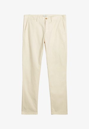 Pantalones de algodón beige con pierna recta, que cuentan con dos bolsillos frontales, cierre de botón y un ligero brillo. Diseño de cintura media.