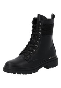 Bottines montantes en cuir noir avec lacets, dotées d'une section rembourrée, de détails texturés sur le côté et d'une semelle en caoutchouc épaisse. Comprend des œillets en métal.