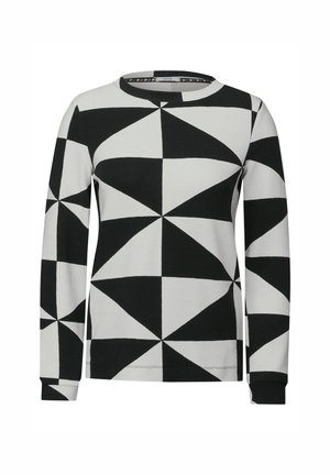 Zwart-witte blouse met lange mouwen, voorzien van een geometrisch patroon van driehoeken. Ronde halslijn en geribbelde manchetten. Vriendelijke stofstructuur.