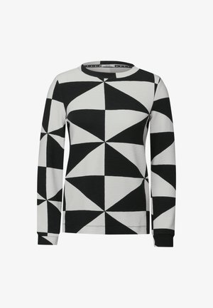 Maglietta a maniche lunghe bianca e nera con un motivo geometrico di triangoli. Collo tondo e polsini a coste. Tessuto morbido.