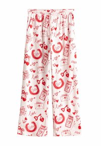 Pantaloni de pijama roșii și albi cu talie elastică, având un model repetitiv de inimi, chei, cadouri și mesaje conturate îndrăzneț.
