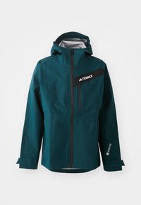 Teal waterproof jacket with a hood, zip closure, black accents, and a logo. Features adjustable cuffs and a front zip pocket. GORE-TEX material.