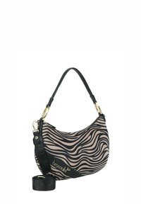 Borsa a tracolla con motivo a zebra, esterno in tessuto beige e nero, con forma curva, dettagli in oro e tracolla staccabile.