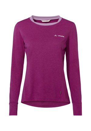 Langärmeliges violettes Damenhemd mit hellviolettem Rundhalsausschnitt und kleinem weißem Vaude-Logo auf der Brust.