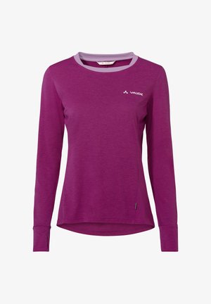 Langärmeliges violettes Damenhemd mit hellviolettem Rundhalsausschnitt und kleinem weißem Vaude-Logo auf der Brust.