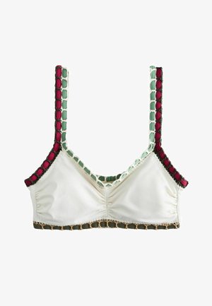 Hvid satin bralette med grøn, rød og beige hæklet kant langs stropper, udskæring og kant, med indsamlet midterfor.