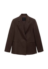 Blazer in misto lino marrone con rever a punta, chiusura a doppio pulsante e due tasche frontali, caratterizzato da una silhouette rilassata e sartoriale.