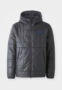 Padded siva jakna s kapuljačom, s kvadratnim tkanim uzorkom, plavi logotipi "INTER" i Nike, prednji zatvarač i bočne džepove.