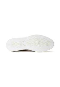Weißer Sneaker-Sohle mit einer strukturierten Gumm Oberfläche, die ein Zickzack-Profilmuster und ein kreisförmiges Logo in der Mitte aufweist.