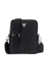 Schwarze Leder-Crossbody-Tasche mit strukturierter Oberfl�äche, silbernen Beschlägen, dreieckigem Logo und verstellbarem Trageriemen. Verfügt über einen Reißverschluss und eine kantige Form.