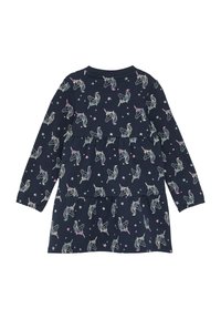 Navyblaues Langarmkleid mit Einhorn- und Sternmuster, mit einem geschichteten Design und aus weichem Baumwollmaterial. Rundhalsausschnitt und geraffte Taille.