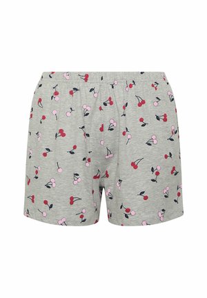 Pantalones cortos de algodón gris con cintura elástica, con un patrón de pequeñas cerezas rojas y rosas con hojas verde oscuro.