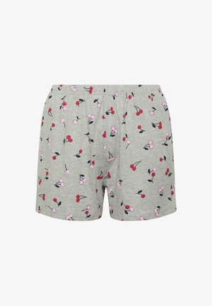 Pantalones cortos de algodón gris con cintura elástica, con un patrón de pequeñas cerezas rojas y rosas con hojas verde oscuro.
