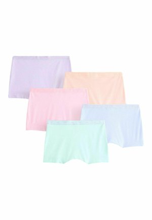 Pět párů bezešvých dámských spodních kalhotek ve stylu boyshort v pastelových barvách: levandulová, broskvová, růžová, světle modrá a mátově zelená.