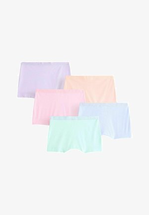 Cinq paires de culottes sans coutures pour femmes de style boyshort, en couleurs pastel : lavande, pêche, rose, bleu clair et vert menthe.